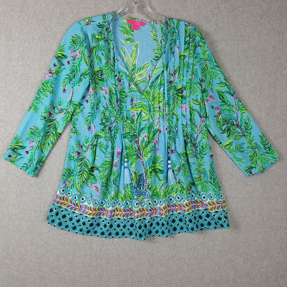 Lilly Pulitzer Marilina Tunic Blouse Porto Blue Bamboo Forest Size XS
